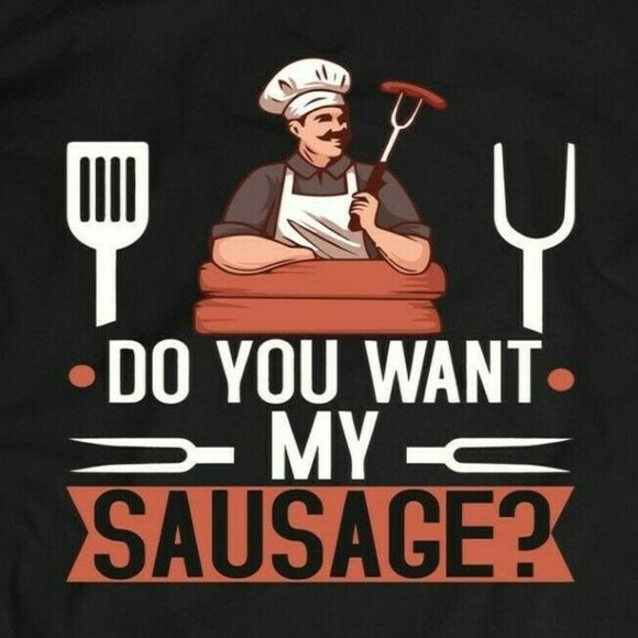 GRILLMASTER WANT MY SAUSAGE BBQ CARTOON PARODY TEE - Picture 1 of 1
